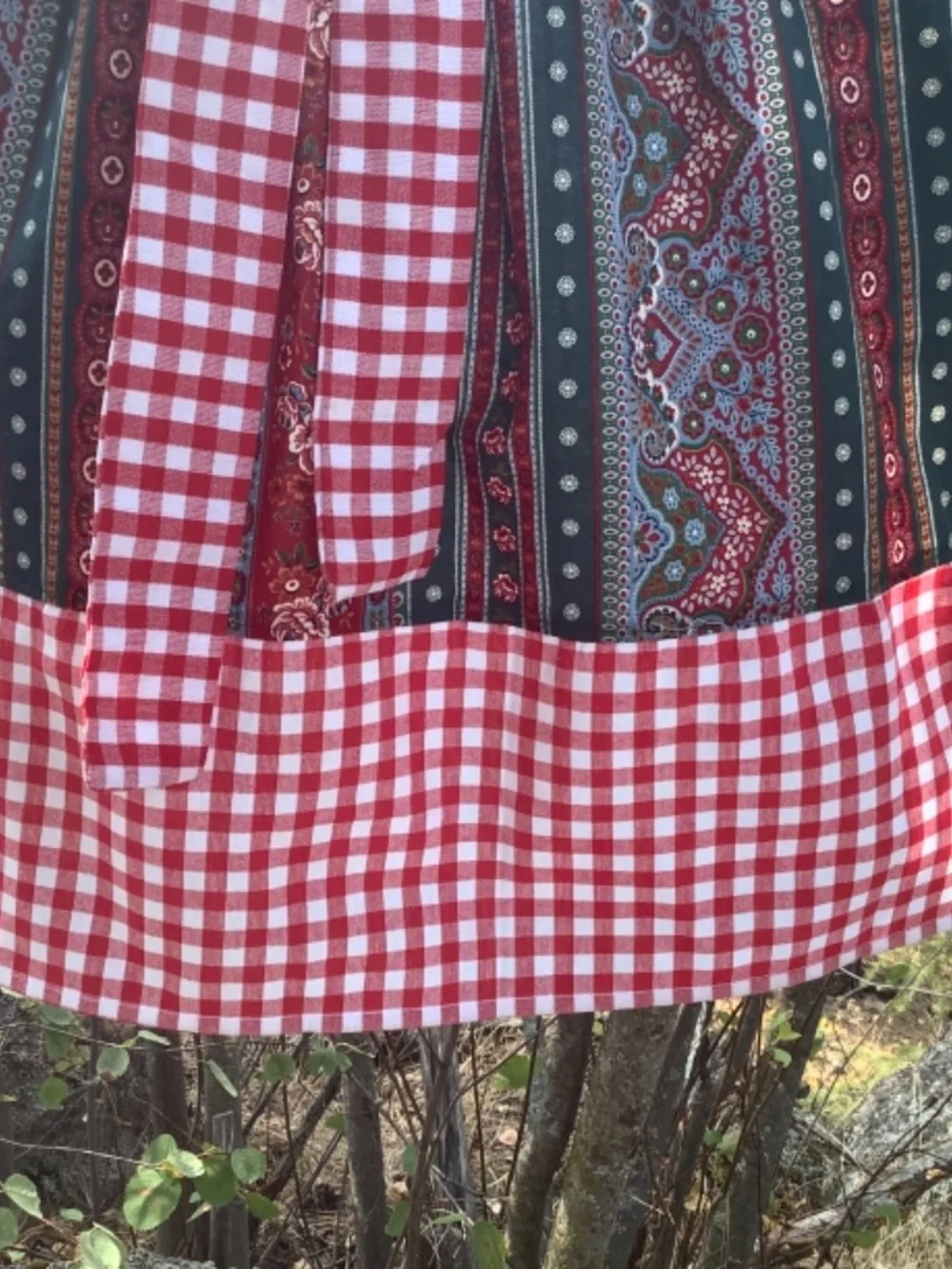 Red Check Straps Green Floral Stripe Apron Costume Kitchen Peasant Oktoberfest